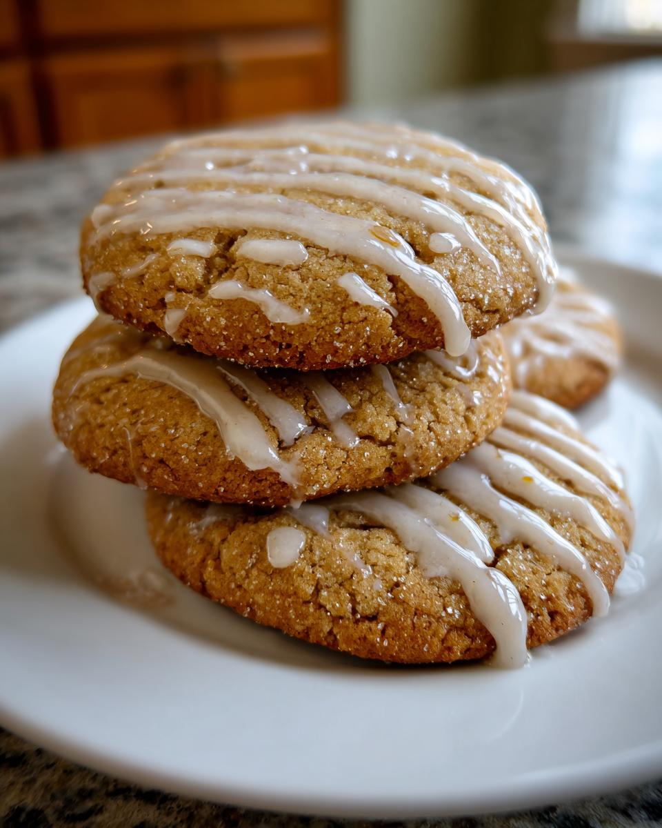 A stack of three soft maple brown sugar cookies drizzled with a white vanilla glaze.
