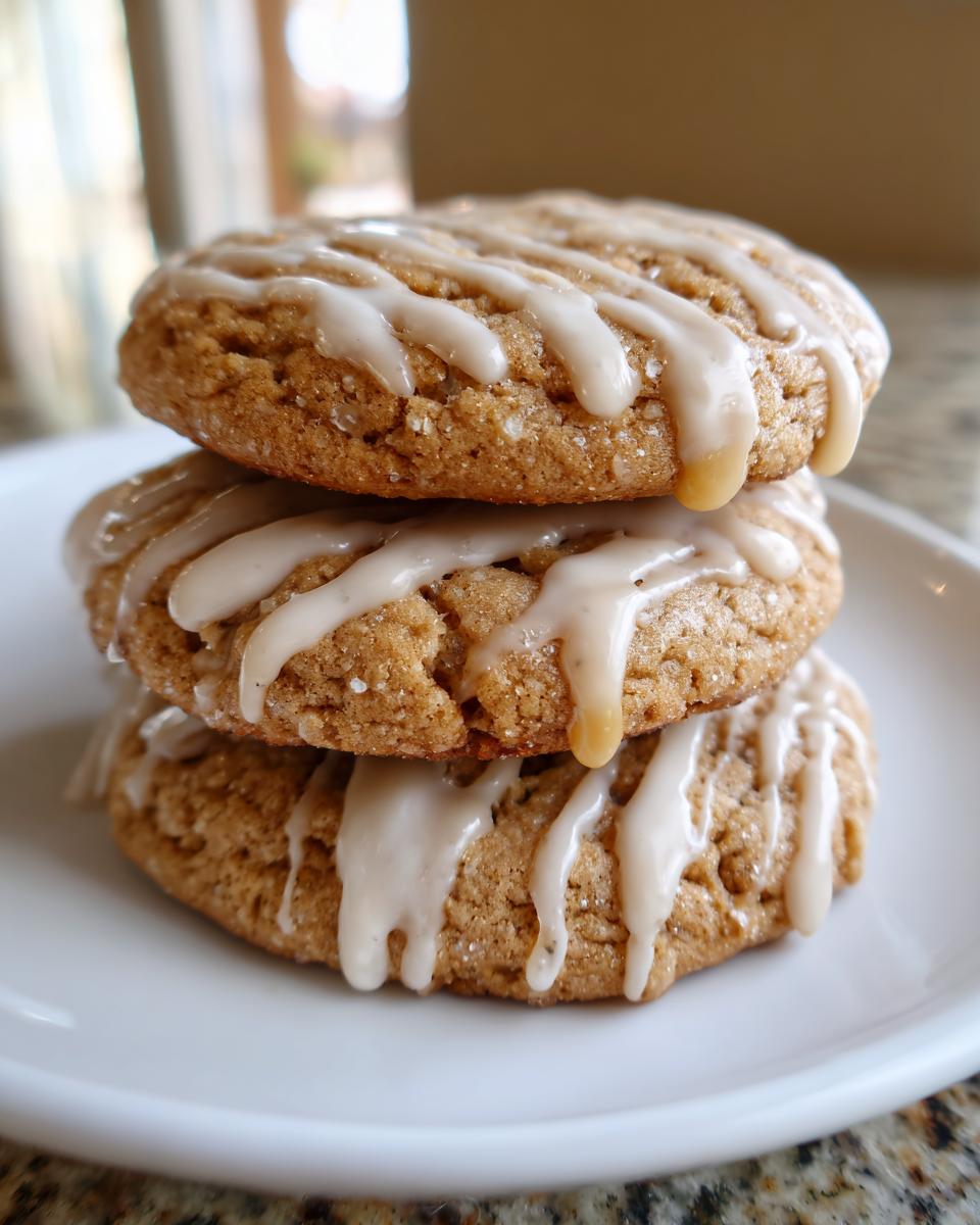 Three stacked maple brown sugar cookies drizzled with a light maple glaze.