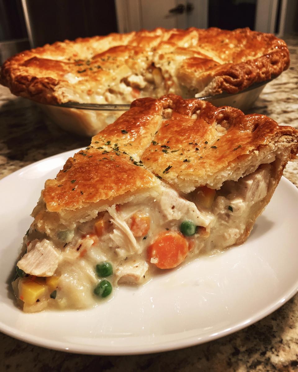 A generous slice of marvelous chicken pot pie showing creamy filling with chicken and vegetables, with the rest of the pie in the background.