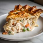 A generous slice of creamy chicken pot pie showing shredded chicken, peas, and carrots under a golden, flaky puff pastry crust.