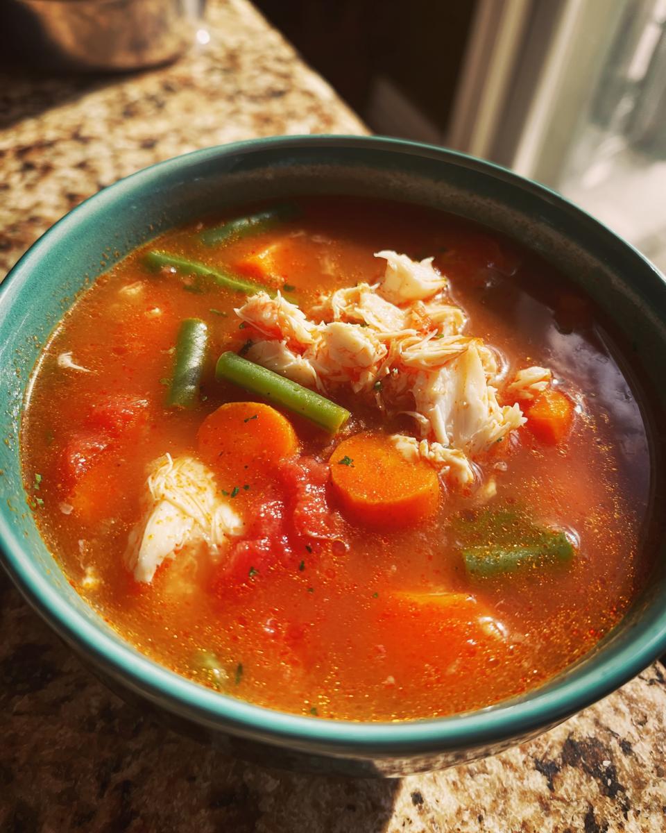 Close-up of a bowl of vibrant maryland crab soup topped with shredded crab meat, carrots, and green beans.