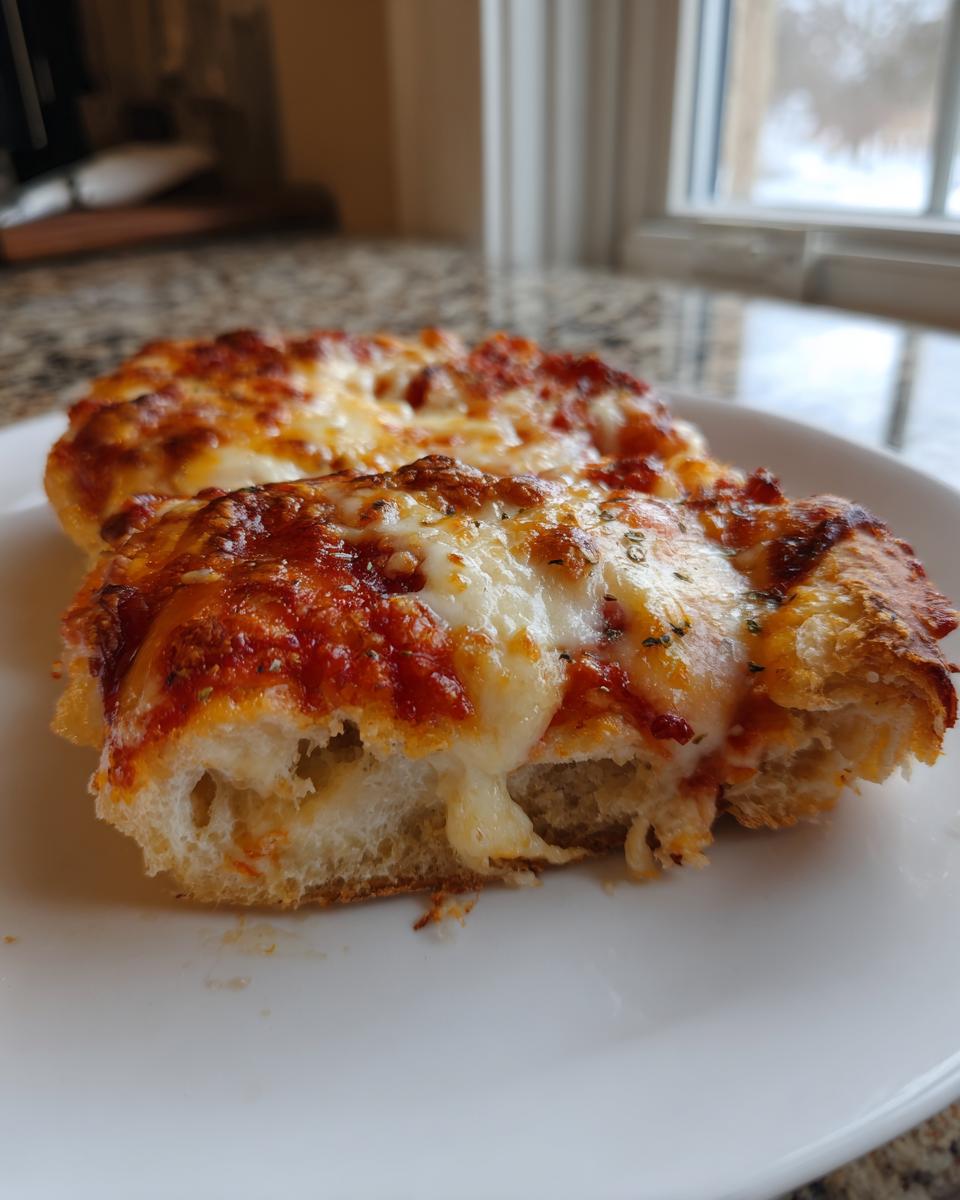 Close-up of a cheesy bread slice topped with red sauce and melted mozzarella, representing a simple cheese pizza.