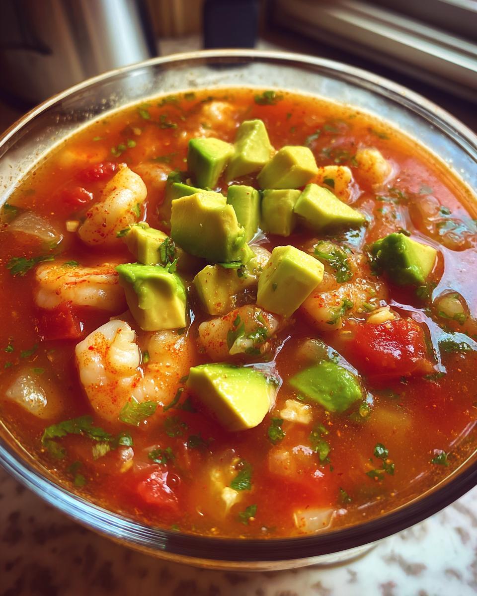 Close-up of a glass bowl filled with vibrant mexican shrimp cocktail, featuring shrimp, tomato broth, and diced avocado.