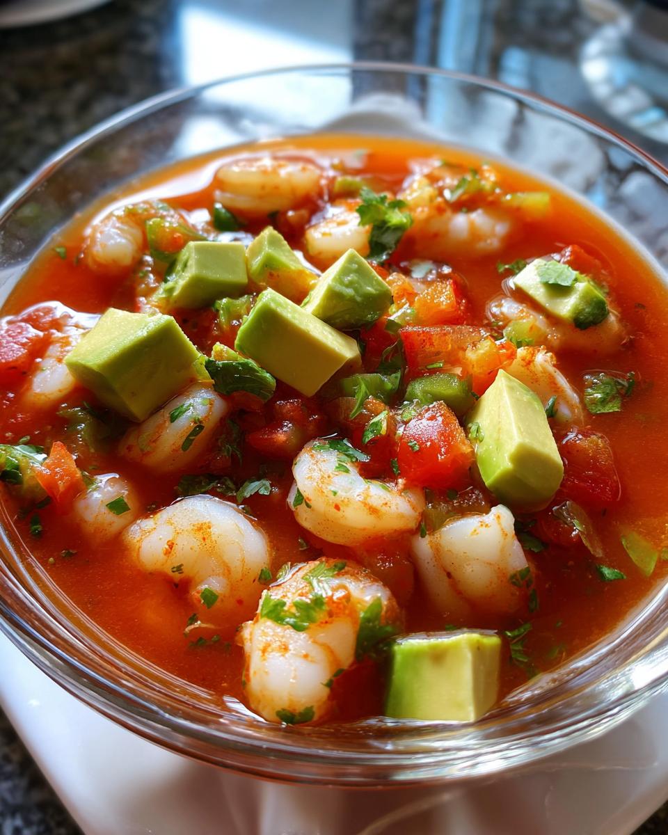 Close-up of a glass bowl filled with vibrant mexican shrimp cocktail, featuring plump shrimp, tomato sauce, and diced avocado.