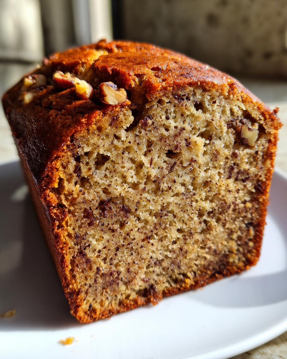 Close-up of a moist slice of banana bread recipe showing the crumb texture and walnuts on top.