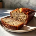 A slice cut from a freshly baked banana bread recipe loaf, showing moist texture and nuts.