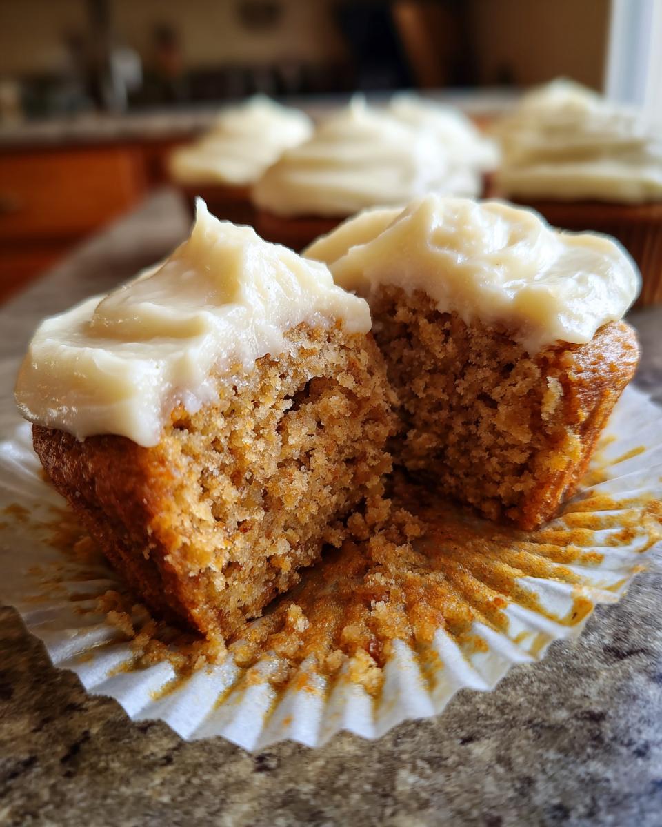 Close-up of a banana cupcakes cut in half showing the moist crumb and thick cream cheese frosting.