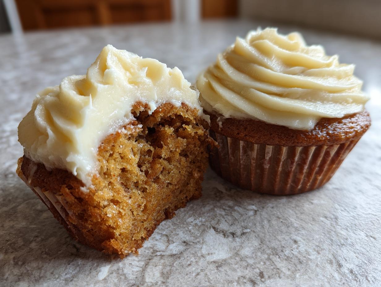 Close-up of one whole and one halved banana cupcakes topped with thick, swirled cream cheese frosting.