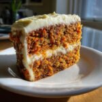 A thick slice of moist carrot cake layered with cream cheese frosting, sitting on a white plate.