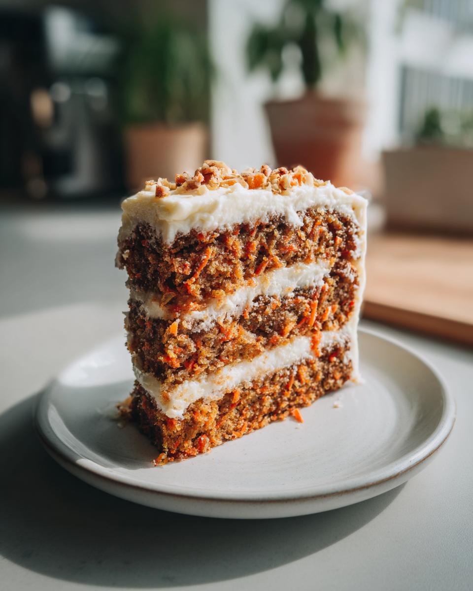 A tall, three-layer slice of moist carrot cake topped with cream cheese frosting and chopped nuts.
