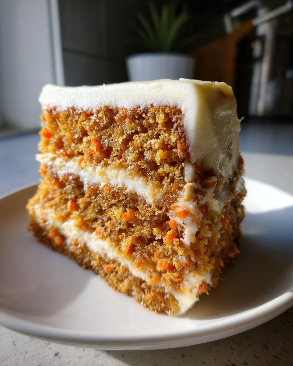 Close-up of a thick slice of moist carrot cake with visible shredded carrots and cream cheese frosting layers.