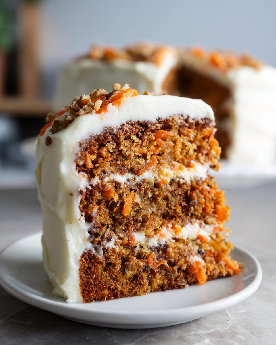Close-up of a thick, moist slice of layered carrot cake topped with cream cheese frosting and walnuts.