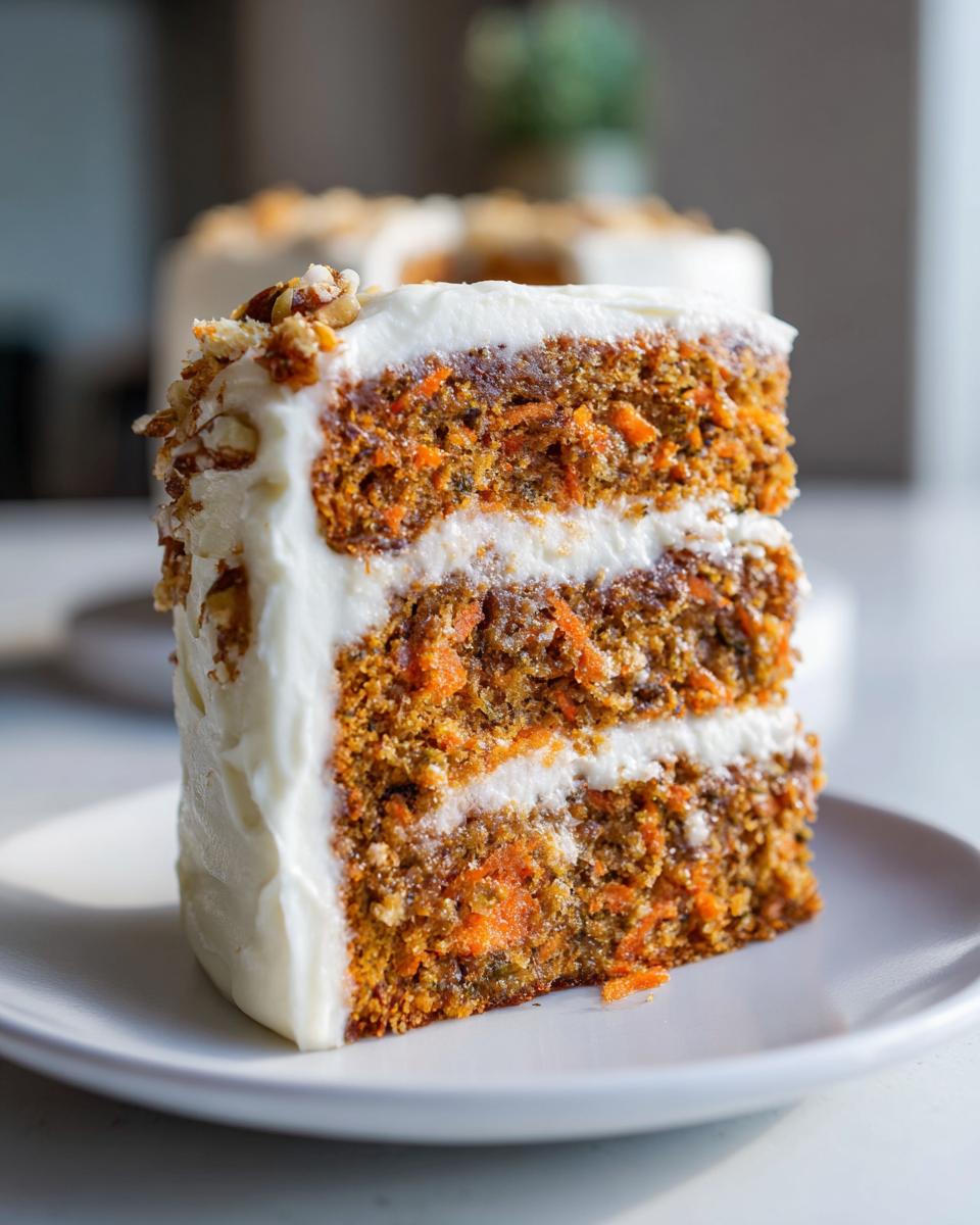 A thick, three-layer slice of moist carrot cake with cream cheese frosting and chopped pecans on top.