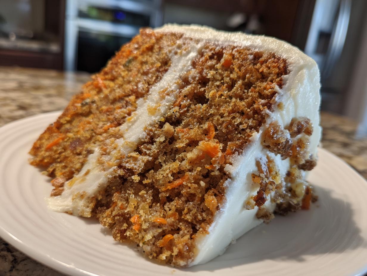 Close-up of a thick slice of moist carrot cake layered with rich cream cheese frosting.