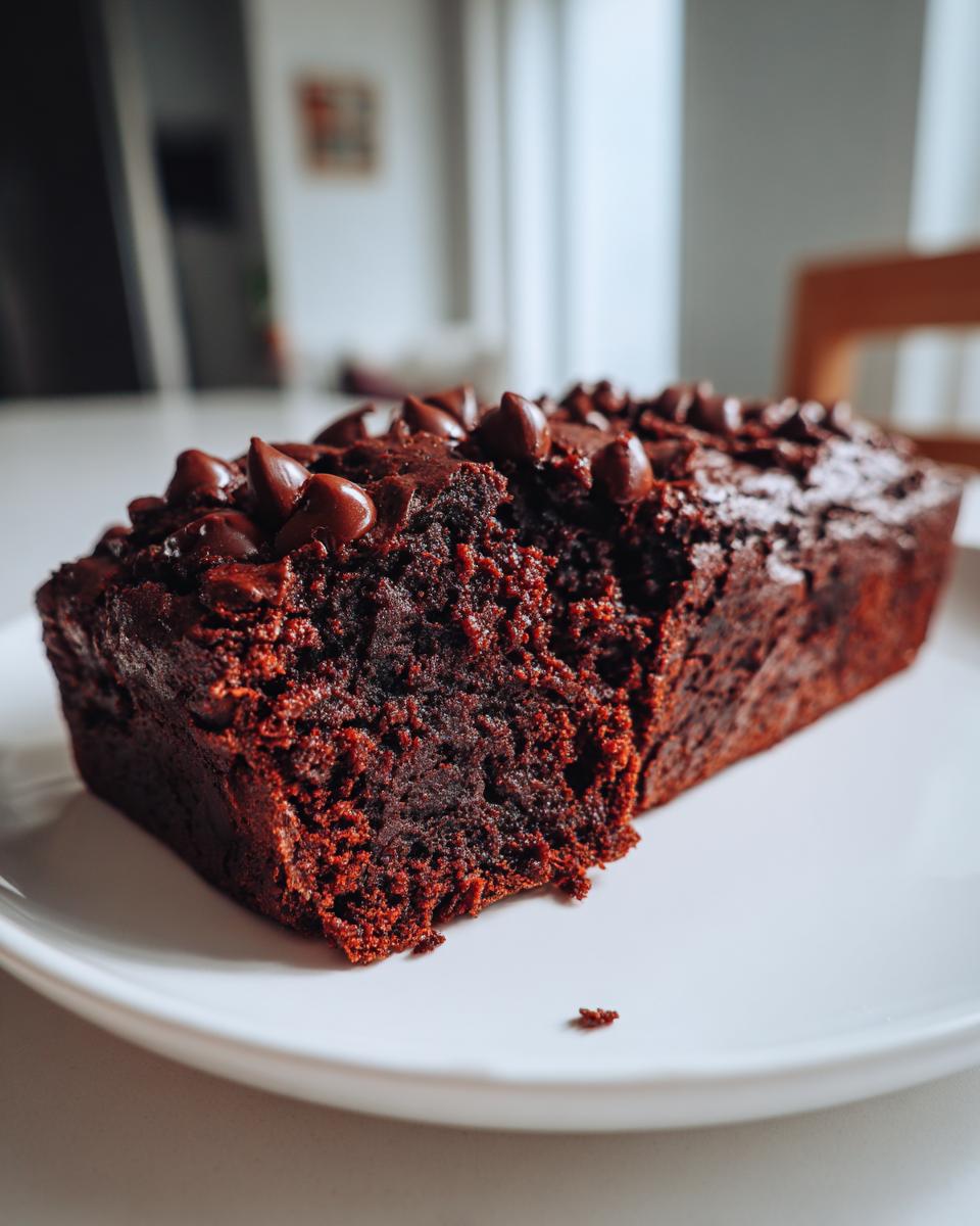 A slice of rich, moist chocolate zucchini bread topped with melted chocolate chips on a white plate.