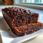 A moist loaf of dark chocolate zucchini bread, topped with melted chocolate chips, sliced on a white plate.