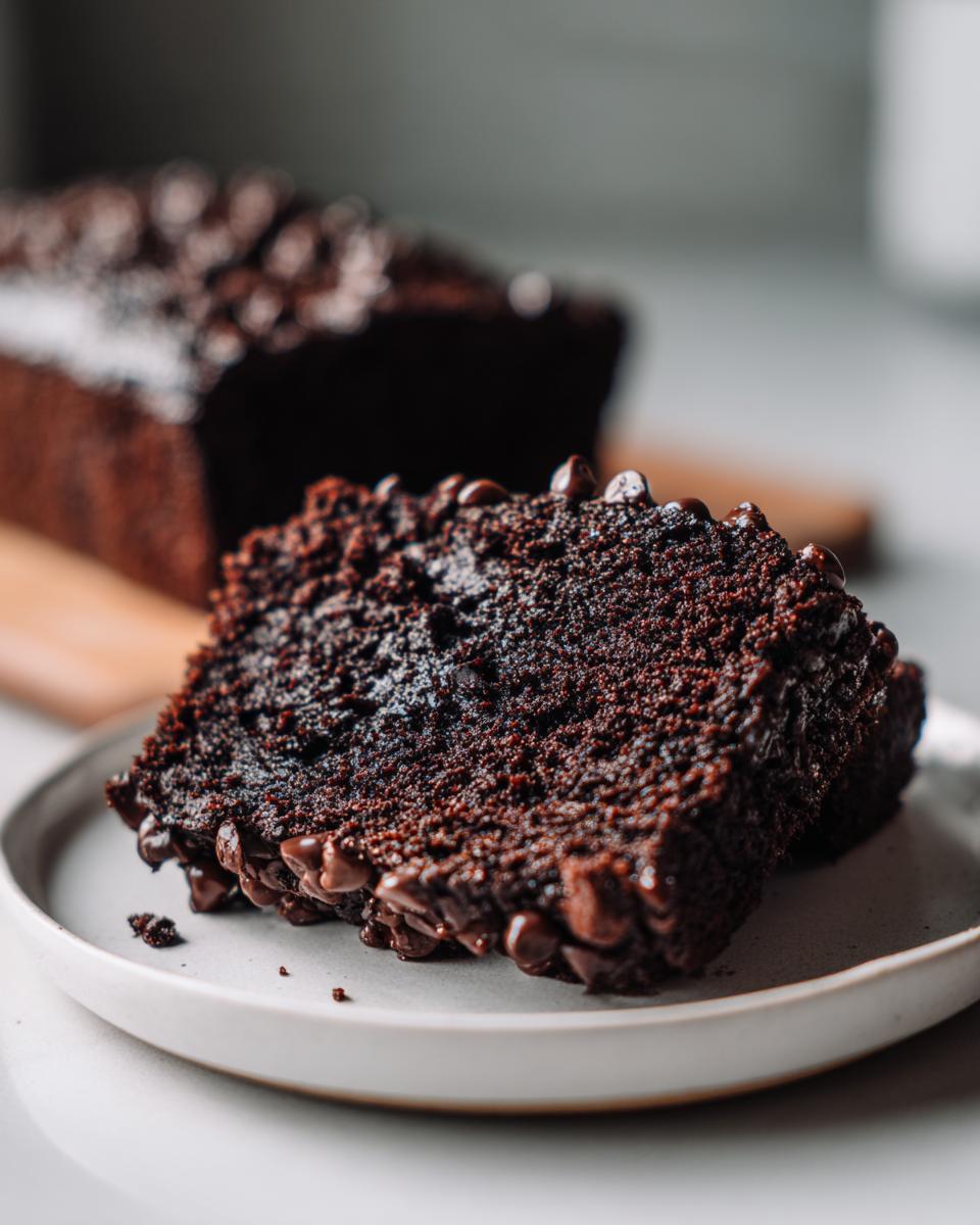 Close-up of a moist slice of chocolate zucchini bread loaded with chocolate chips on a plate.