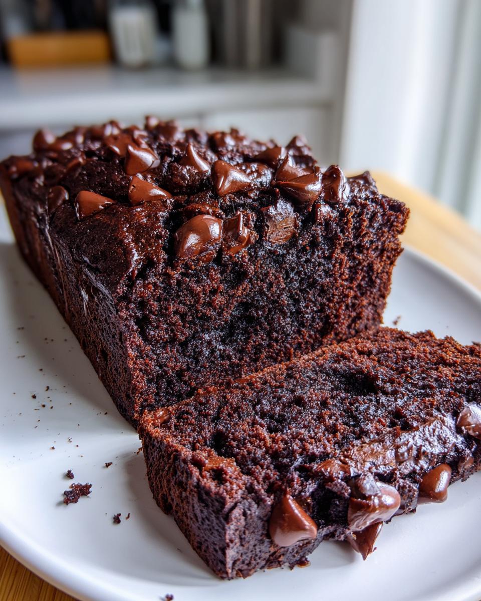A close-up of moist chocolate zucchini bread, sliced, topped generously with melted chocolate chips.