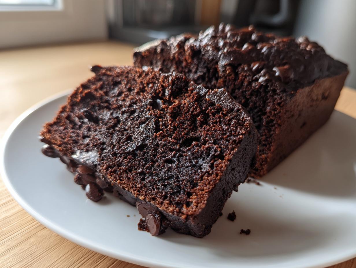 Close-up of a moist slice of dark chocolate zucchini bread with visible chocolate chips on a white plate.