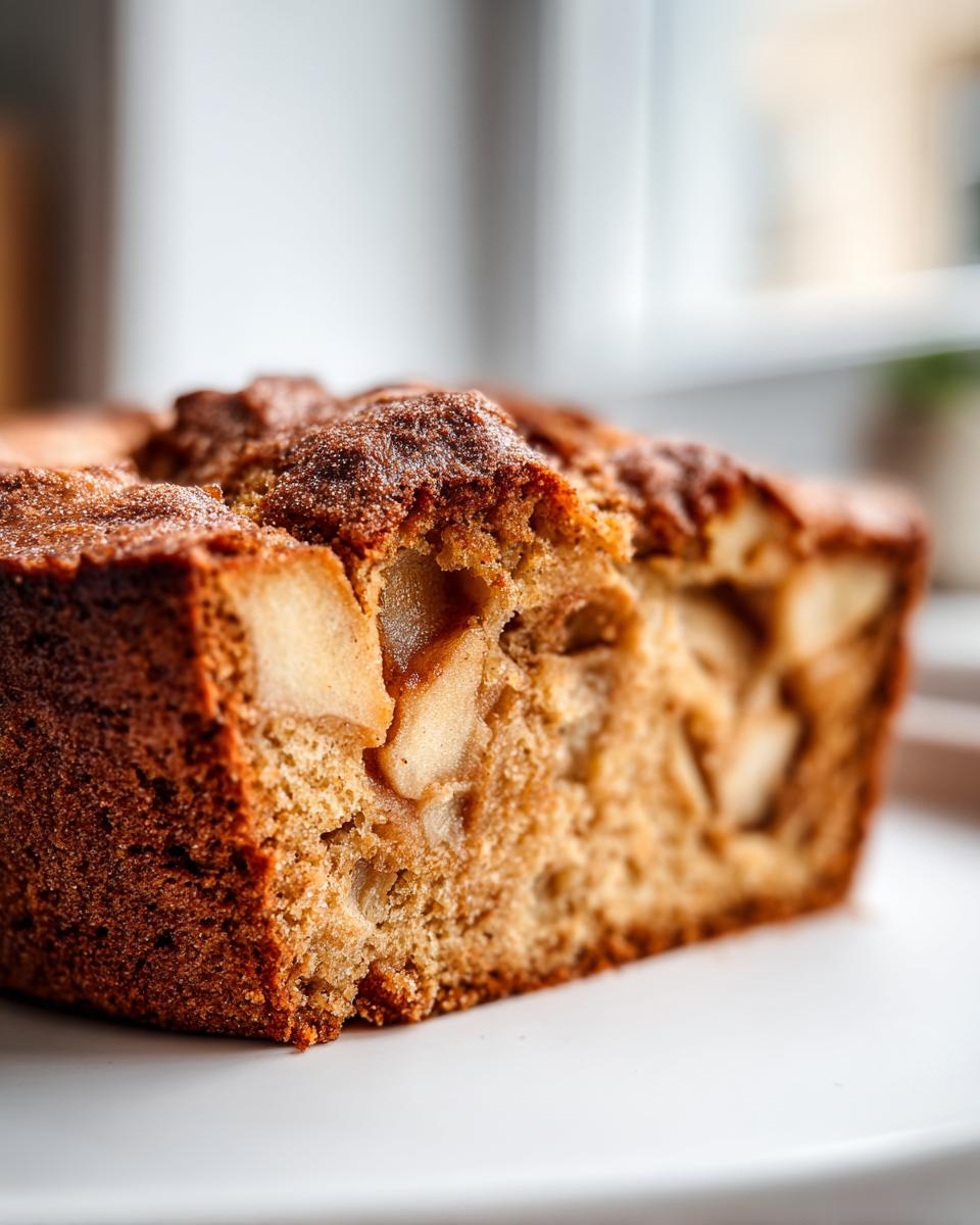 A close-up shot showing the moist texture and chunks of apple inside a slice of jewish apple cake.