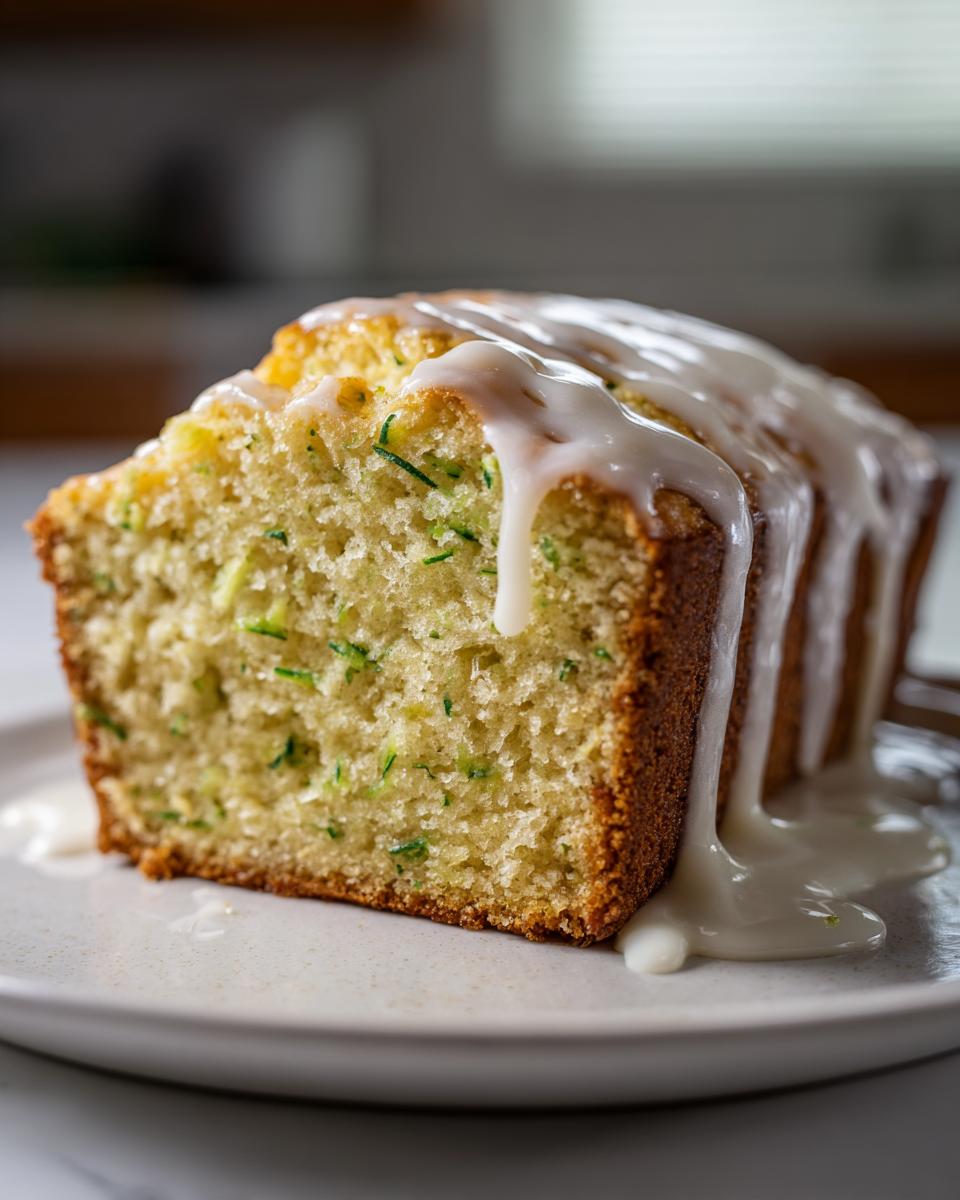 Close-up of a moist slice of lemon zucchini bread topped with thick white lemon glaze.