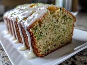 Close-up of a slice of moist lemon zucchini bread topped with a thick white glaze and lime zest.