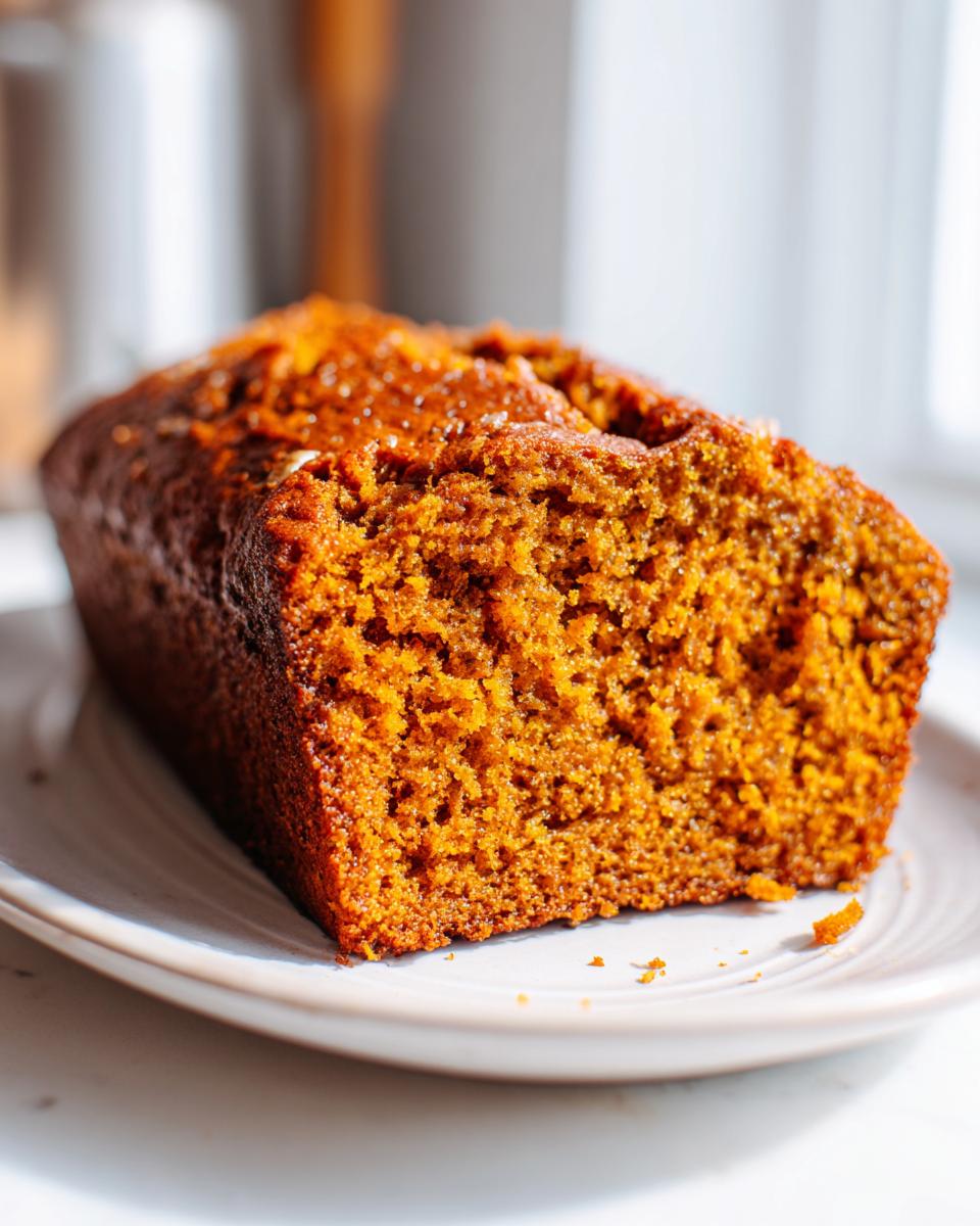 Close-up of a moist, dark orange slice of persimmon bread on a white plate.