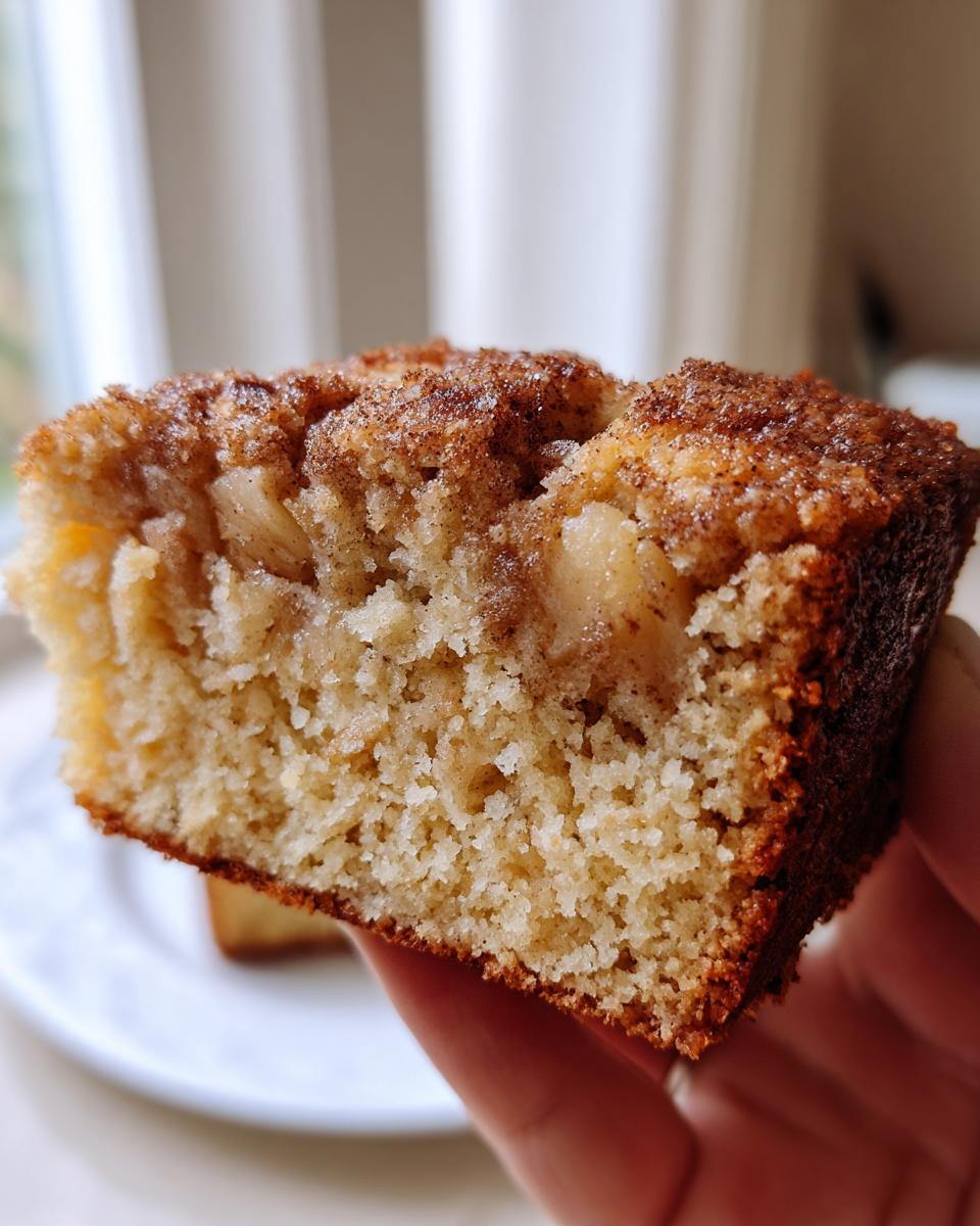 Close-up of a hand holding a moist slice of jewish apple cake showing tender crumb and cinnamon-sugar topping.