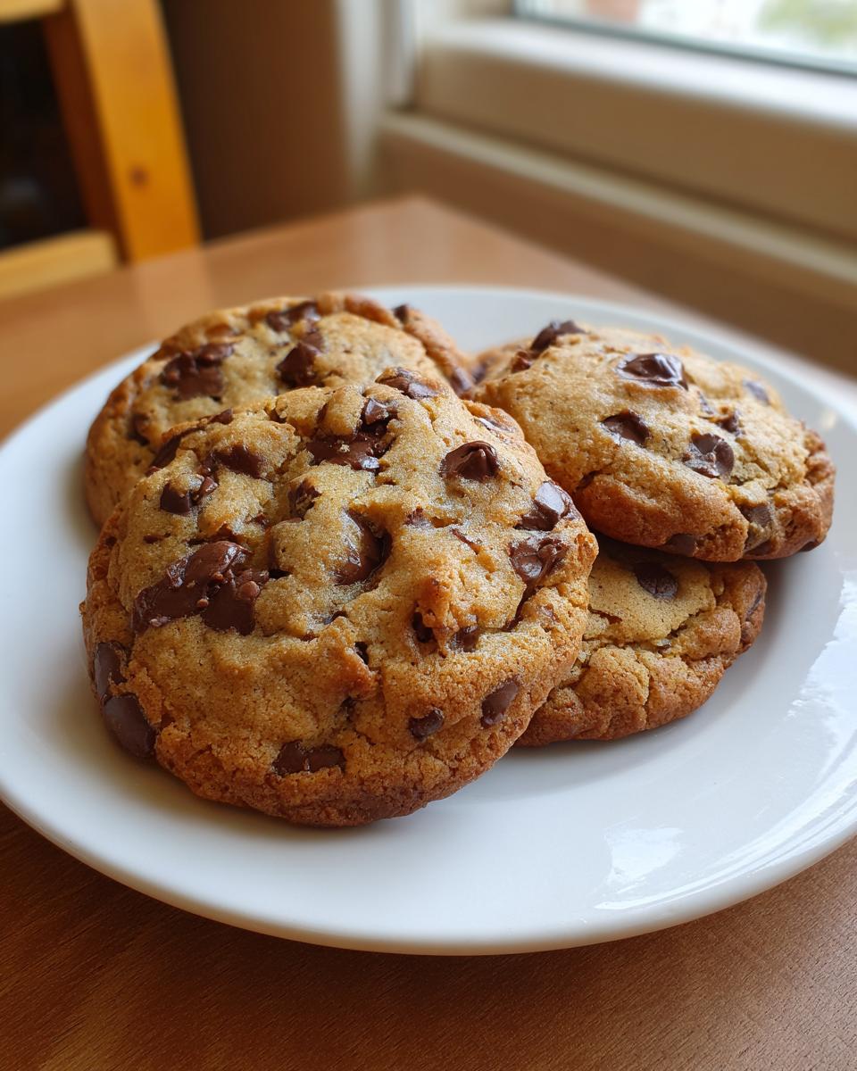 Four freshly baked peanut butter chocolate chip cookies stacked slightly on a white plate.