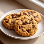 Three delicious peanut butter chocolate chip cookies stacked slightly on a white plate.