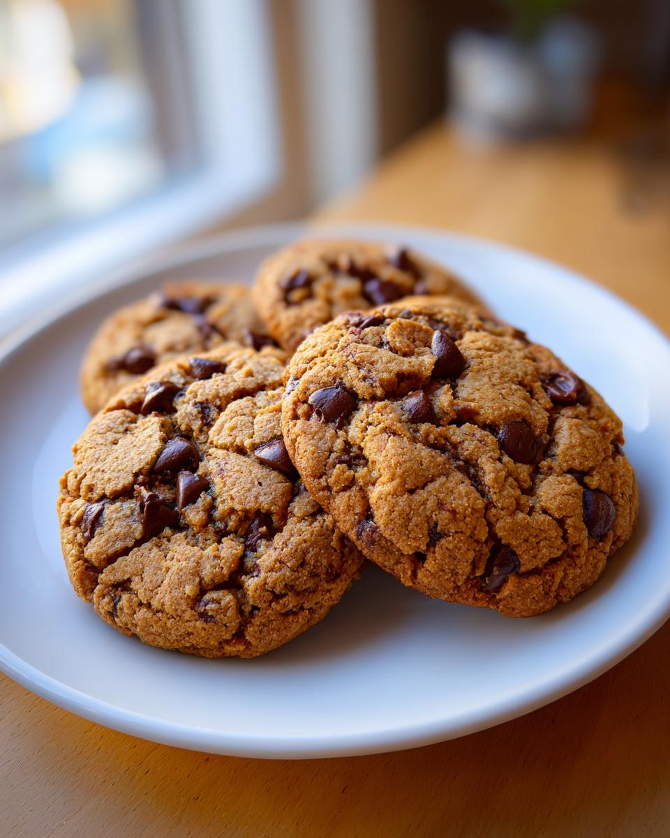 Four freshly baked peanut butter chocolate chip cookies stacked on a white plate near a window.