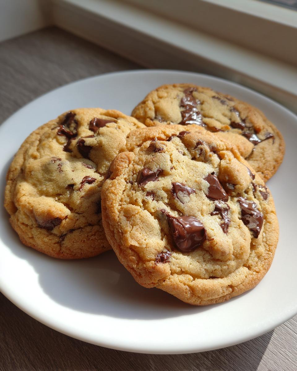 Three freshly baked peanut butter chocolate chip cookies resting on a white plate near a window.
