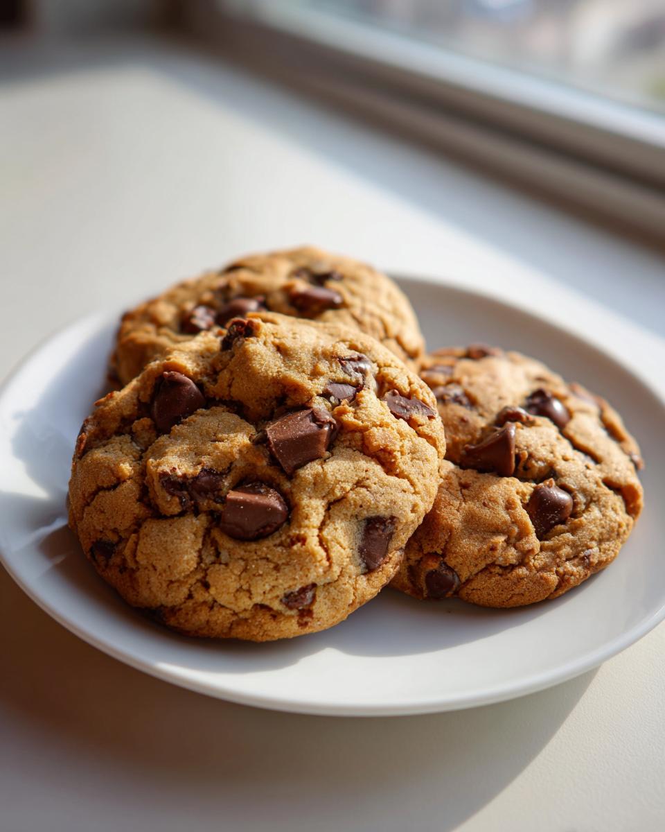 Three freshly baked peanut butter chocolate chip cookies piled on a white plate near a window.