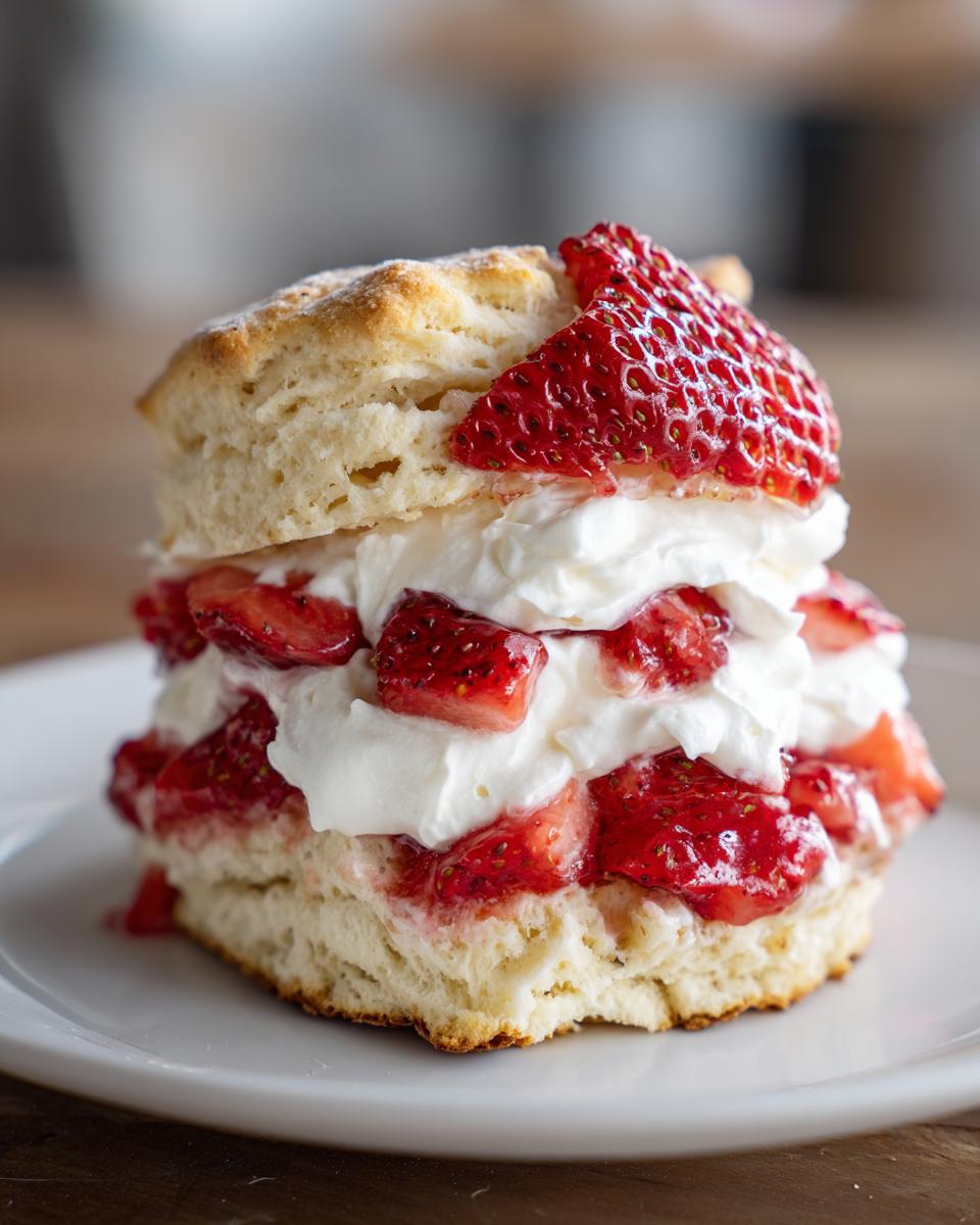 Close-up of a single serving strawberry shortcake layered with fresh strawberries and whipped cream on a white plate.