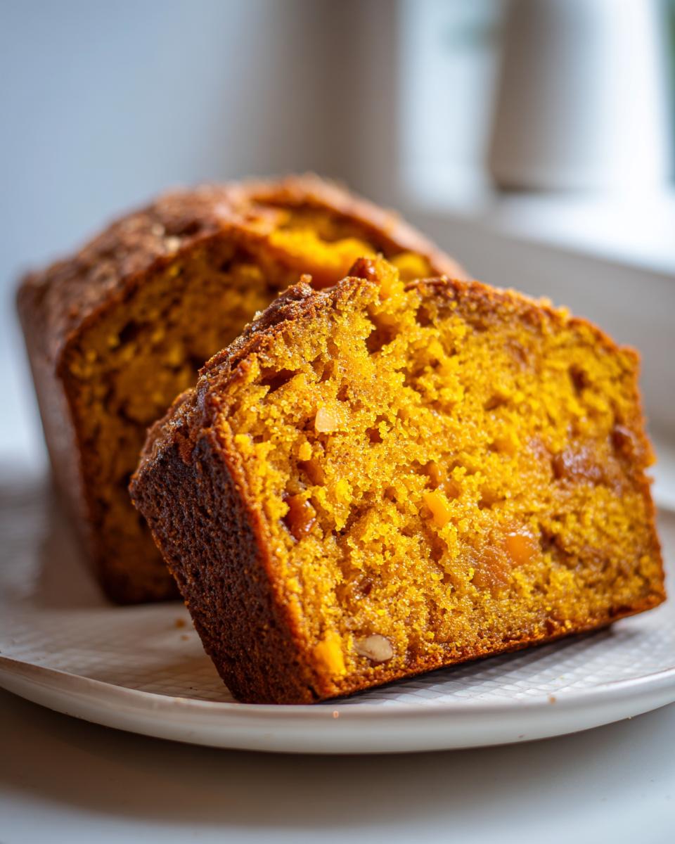 Close-up of a thick slice of moist, orange-hued persimmon bread showing nuts and fruit pieces inside.