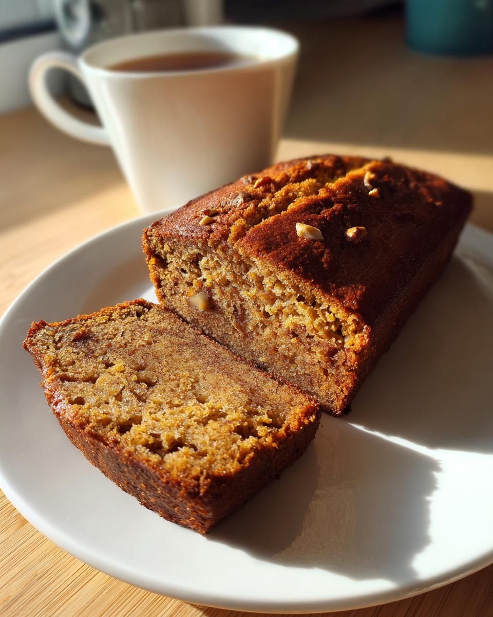 A slice of moist persimmon bread, partially cut from the loaf, served on a white plate next to a cup of tea.