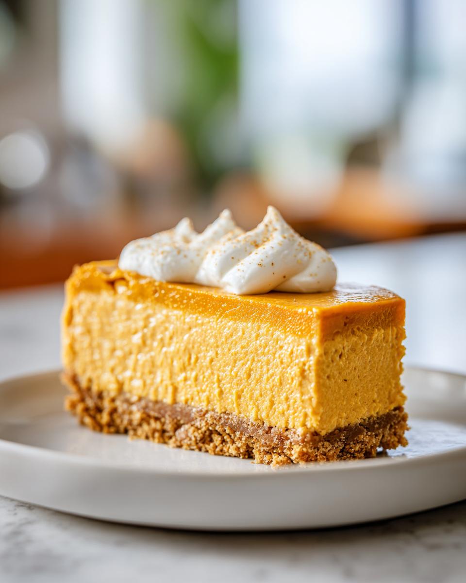 A thick slice of bright orange pumpkin cheesecake on a white plate, topped with whipped cream.