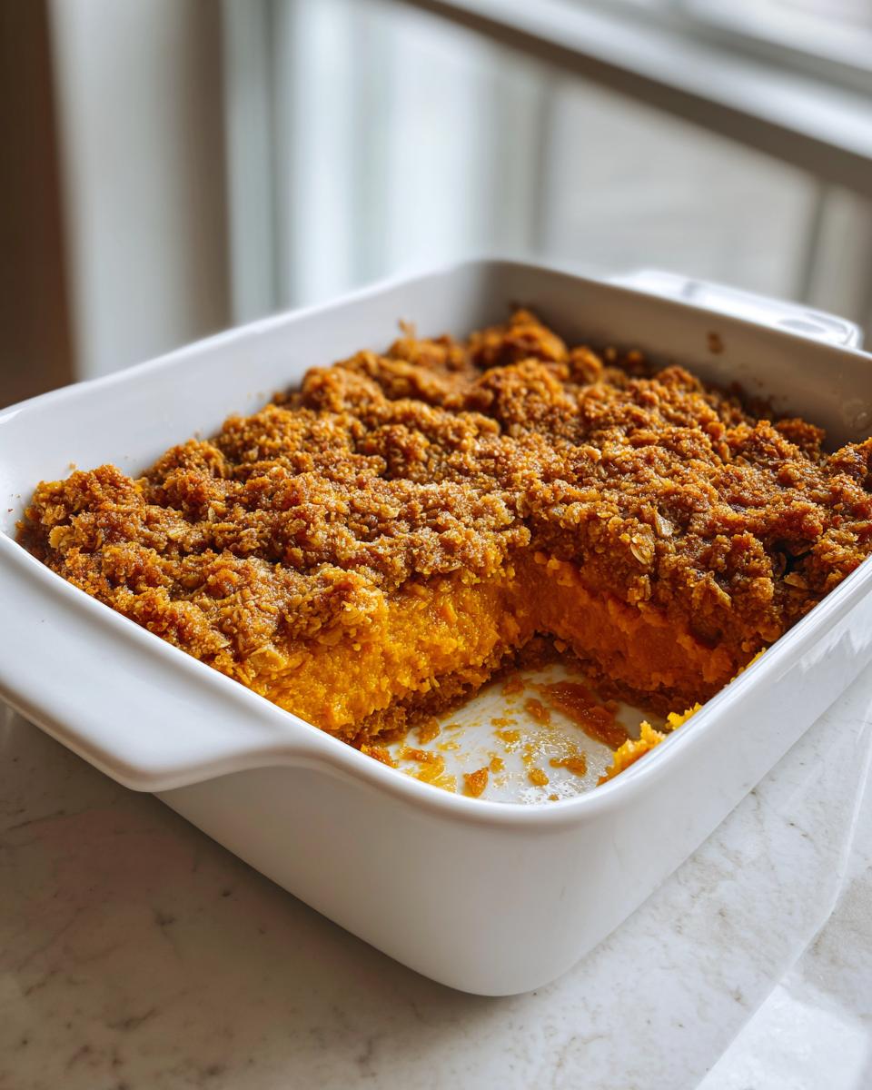 A golden brown, baked pumpkin crisp with a thick oat topping in a white baking dish, with one serving removed.