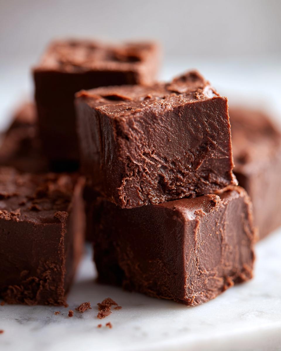 Close-up of rich, dark chocolate fudge recipe squares stacked on a white marble surface.