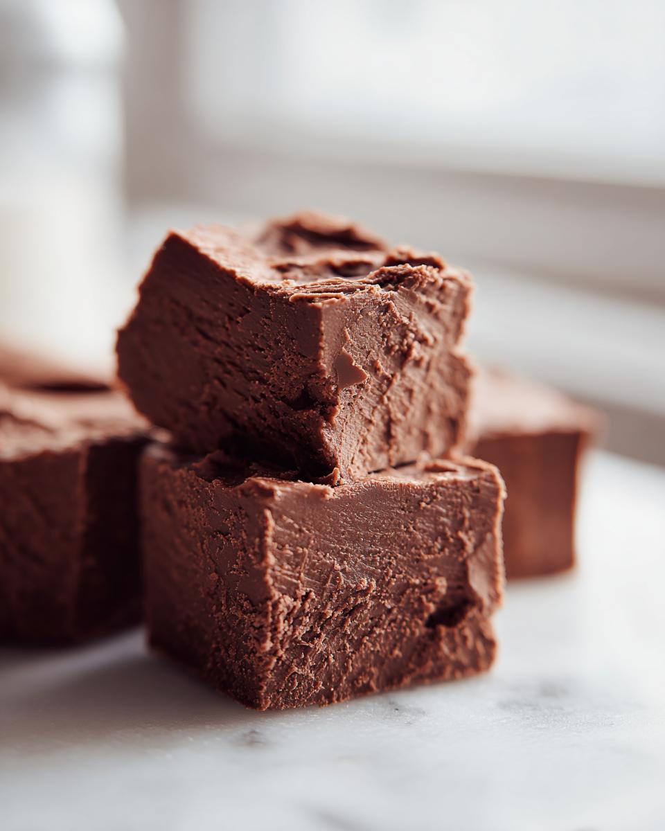 Two stacked squares of rich, dark chocolate fudge recipe resting on a white marble surface.