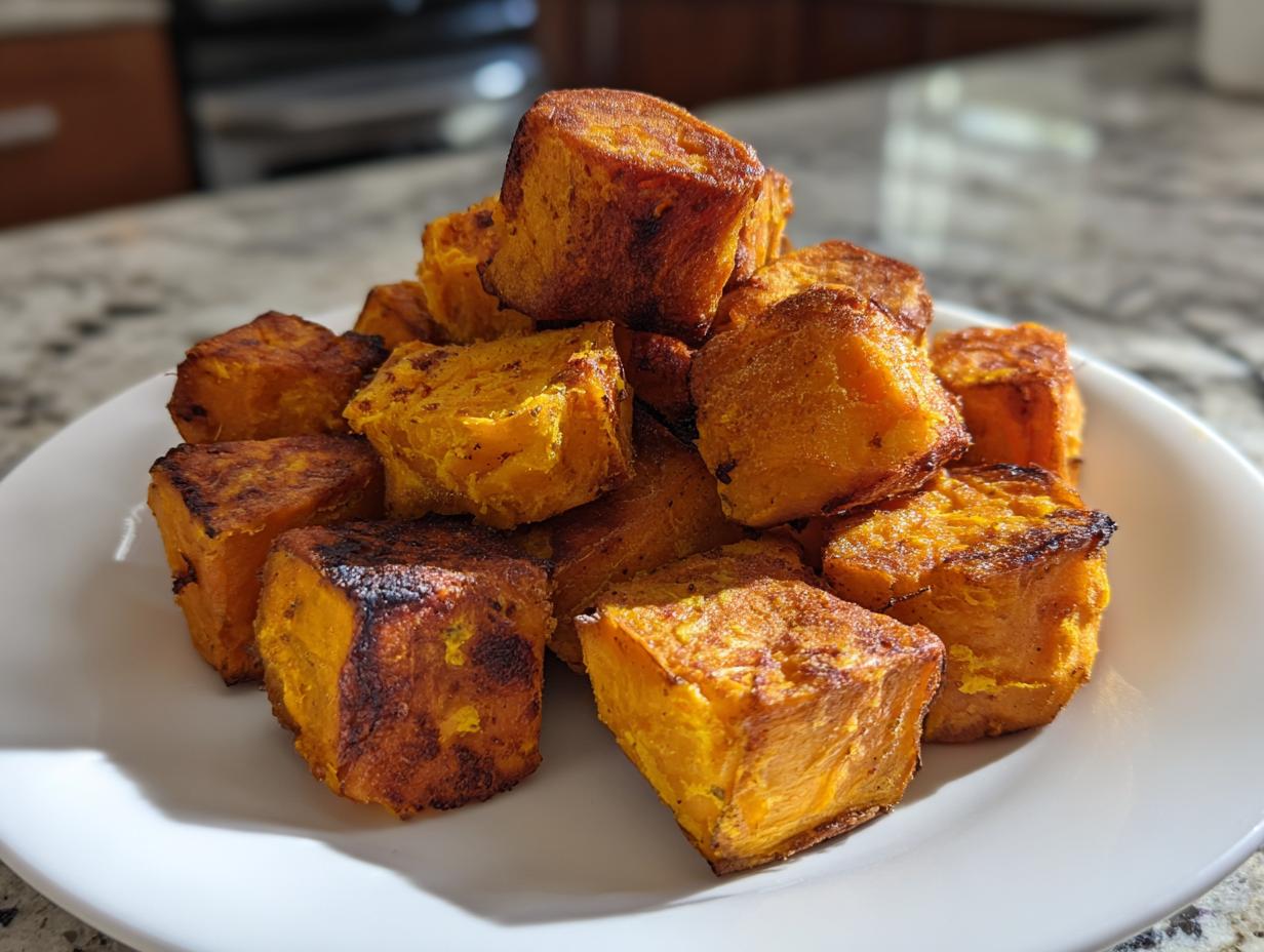 A pile of golden brown, caramelized roasted sweet potatoes cubes stacked on a white plate.