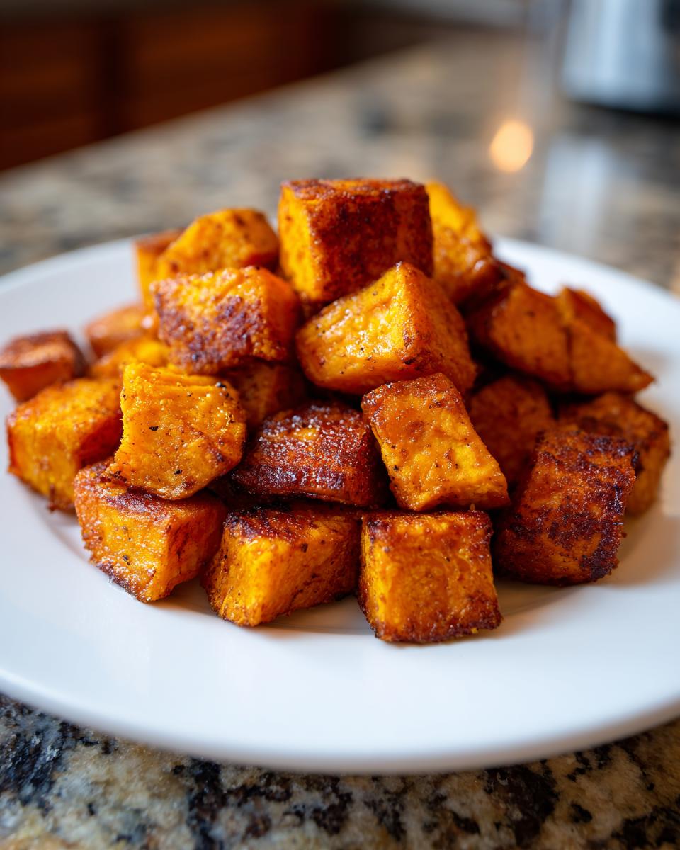 Close-up of perfectly seasoned and caramelized roasted sweet potatoes cubes piled on a white plate.