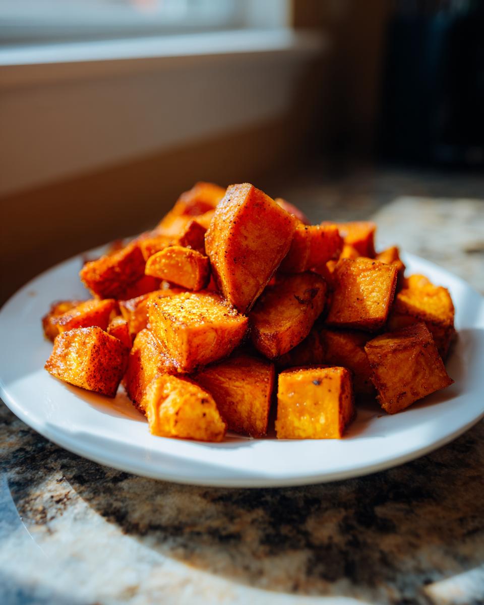 A white plate piled high with perfectly seasoned roasted sweet potatoes cubes catching the sunlight.