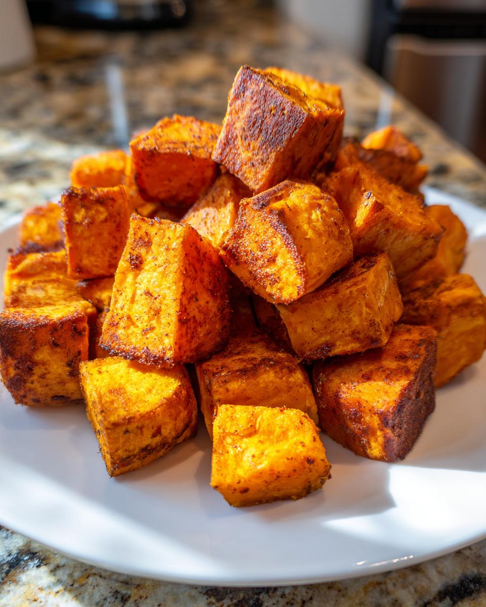 A pile of perfectly seasoned and caramelized roasted sweet potatoes cubes served on a white plate.