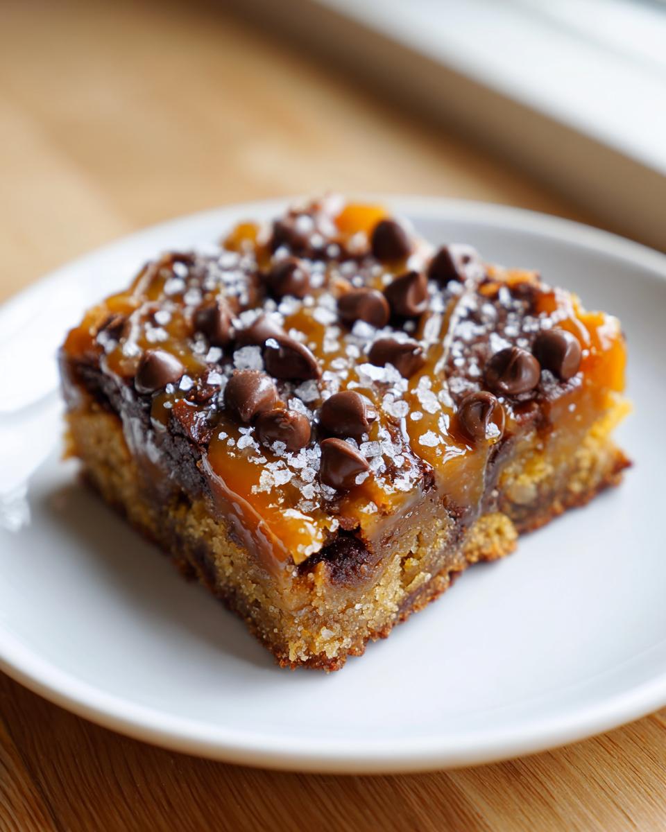 A single serving of rich cookie bars topped with gooey caramel, chocolate chips, and flaky sea salt.