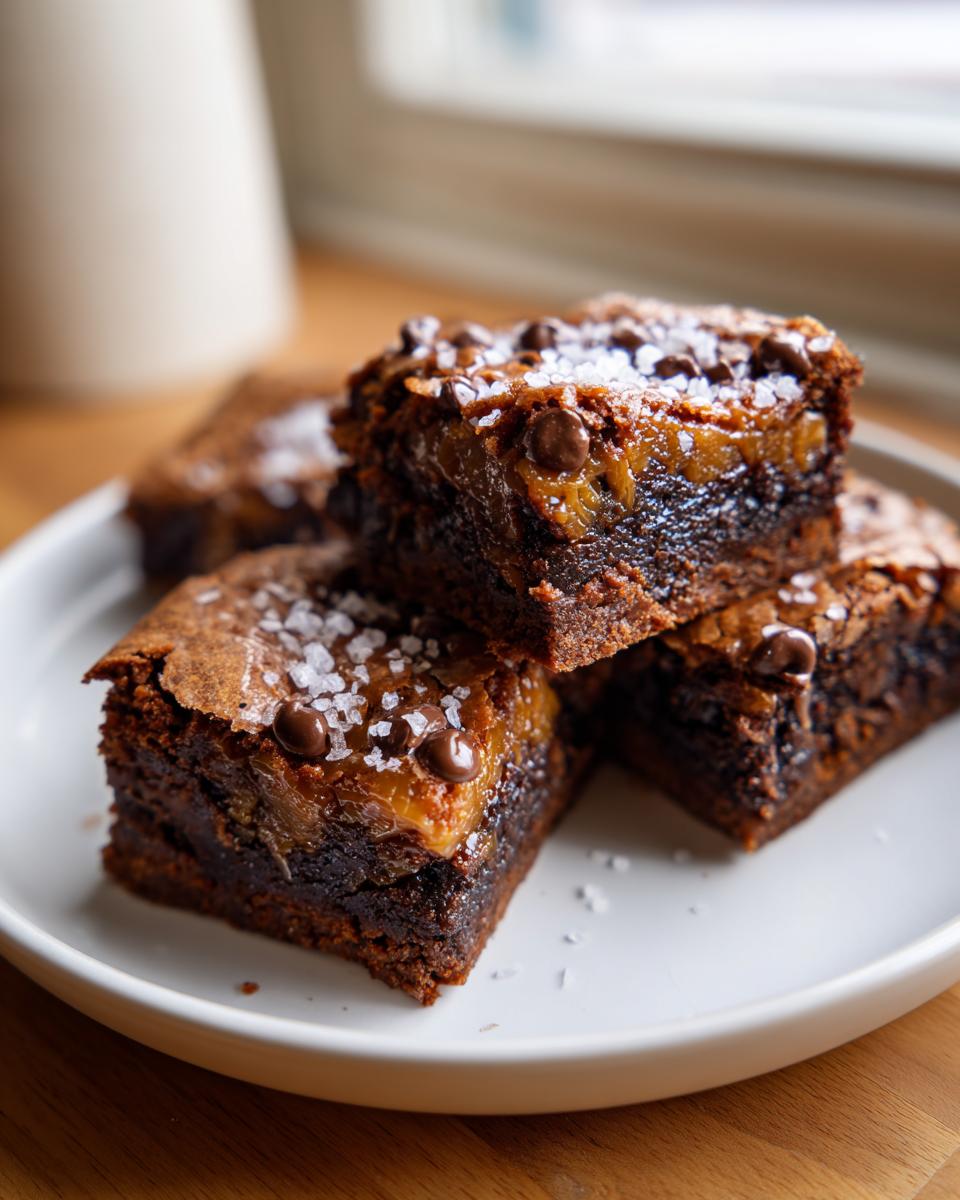 Close-up of rich chocolate cookie bars topped with caramel, chocolate chips, and flaky sea salt.