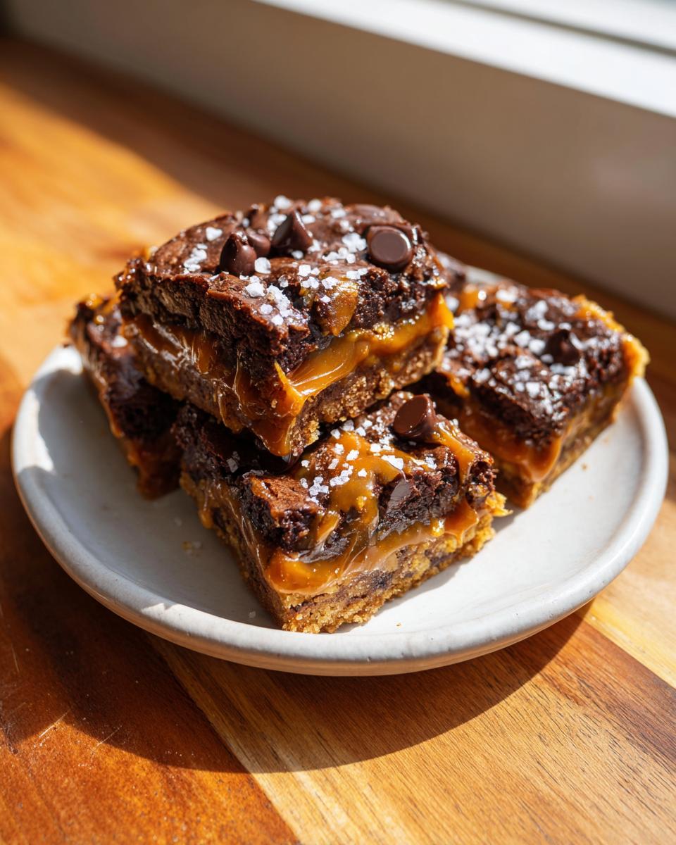 A stack of rich, gooey salted caramel chocolate chip cookie bars sprinkled with sea salt.