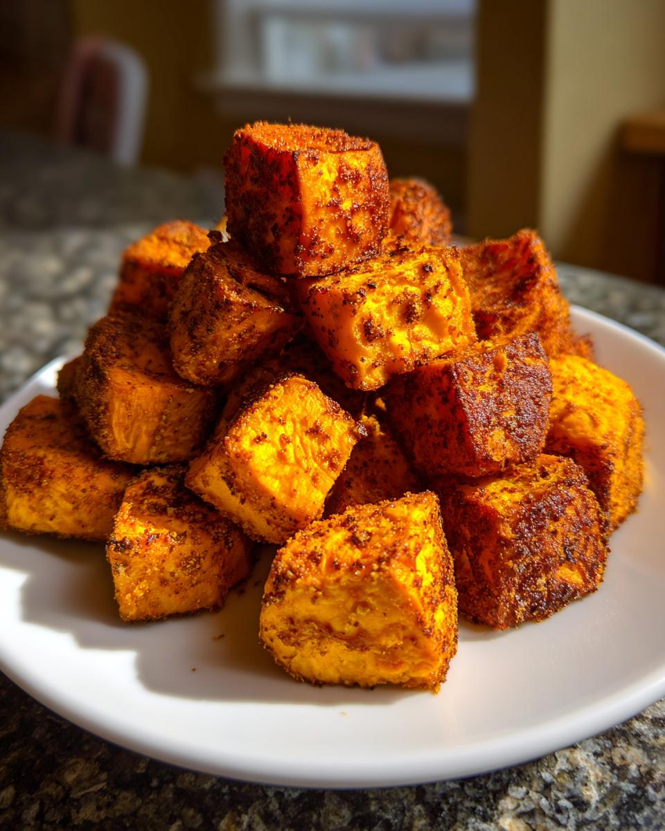 A pile of perfectly seasoned and roasted sweet potatoes cubes stacked on a white plate.