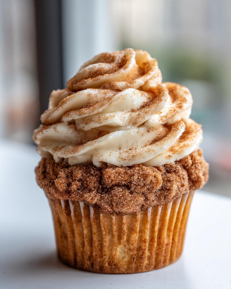 A single, beautifully frosted churro cupcake topped with cinnamon sugar crumble and white frosting dusted with cinnamon.
