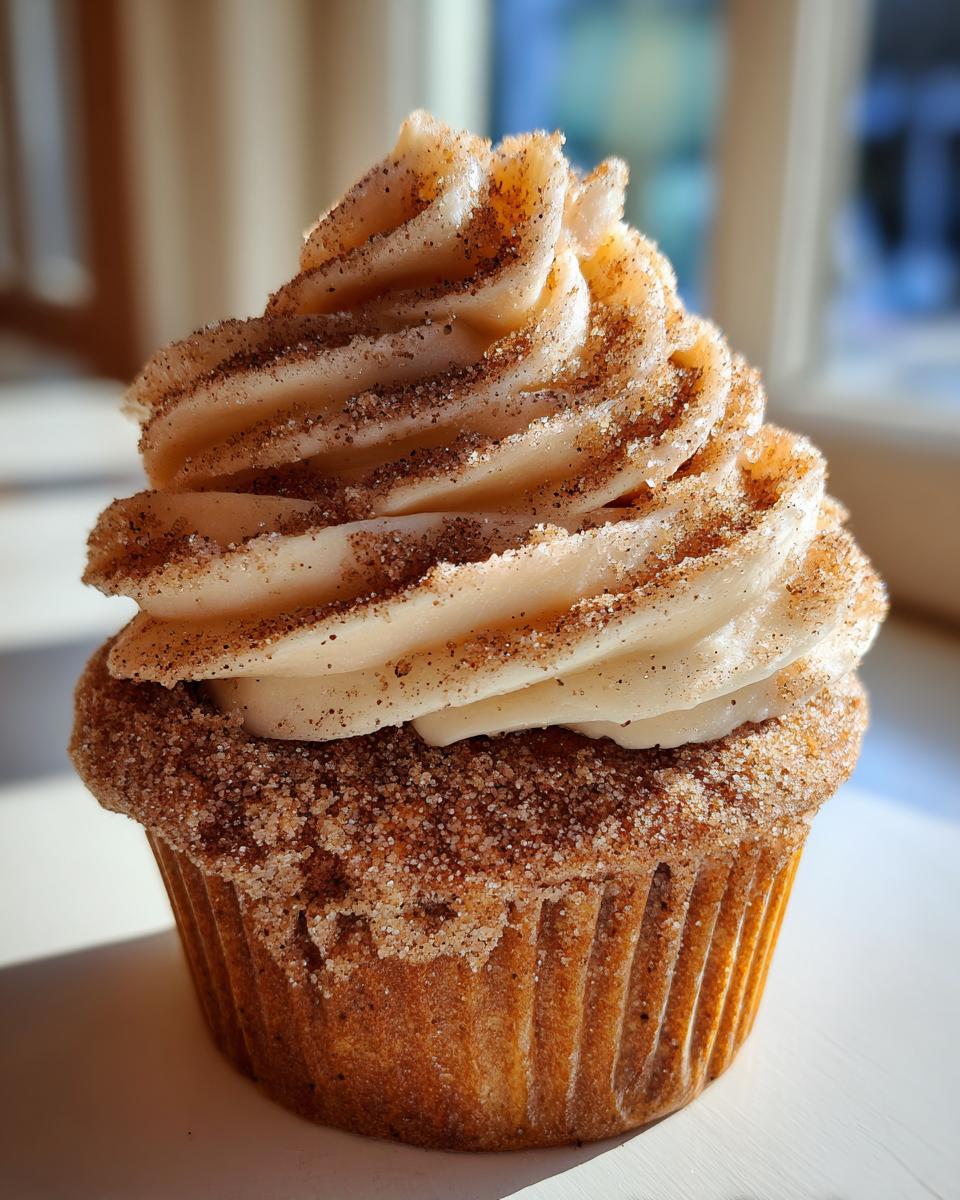 A close-up of a single churro cupcake, heavily coated in cinnamon sugar and topped with swirled frosting dusted with more cinnamon sugar.